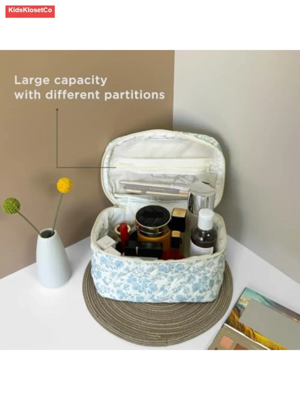 Quilted Cotton Cosmetic Bag Travel Makeup Organizer Toiletry Storage Pouch